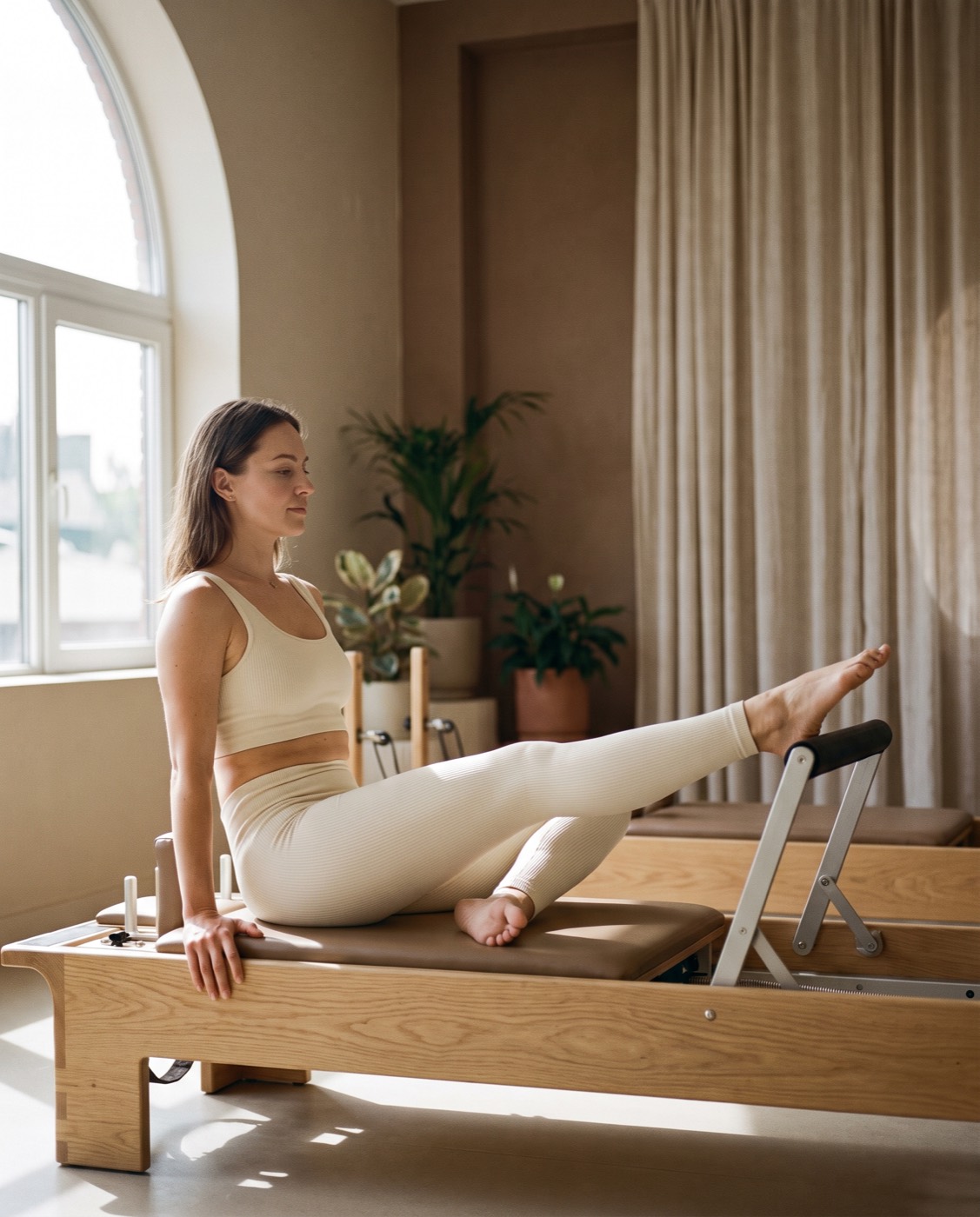 Frau trainiert auf einem Reformer in Saal eins