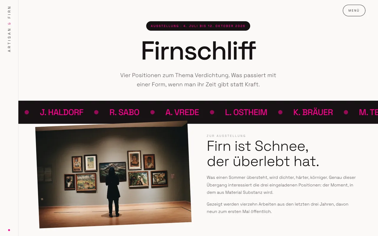 Ausstellungsseite „Firnschliff“ mit sechs Künstlernamen und dem Satz „Firn ist Schnee, der überlebt hat.“ auf hellem Grund