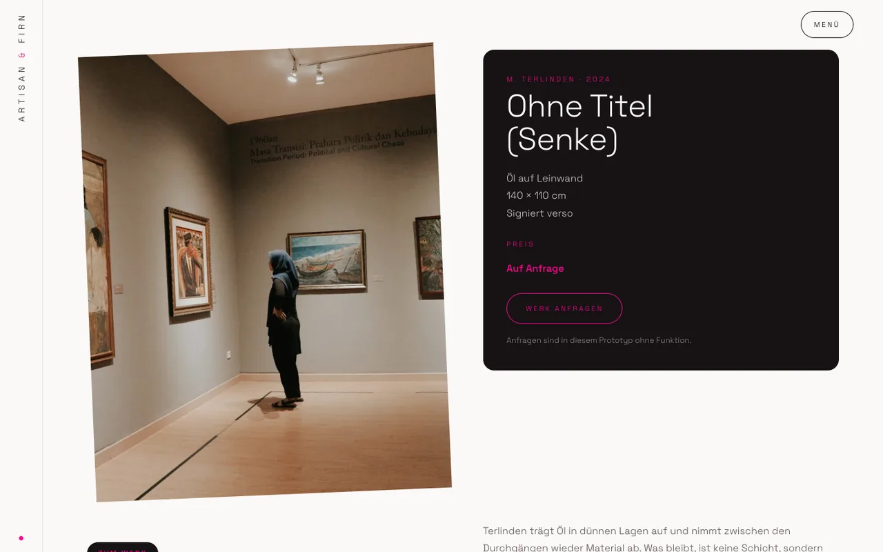 Werkseite mit einem Besucher vor einem Bild und der Karte „Ohne Titel (Senke)“ mit Maßen und Preis