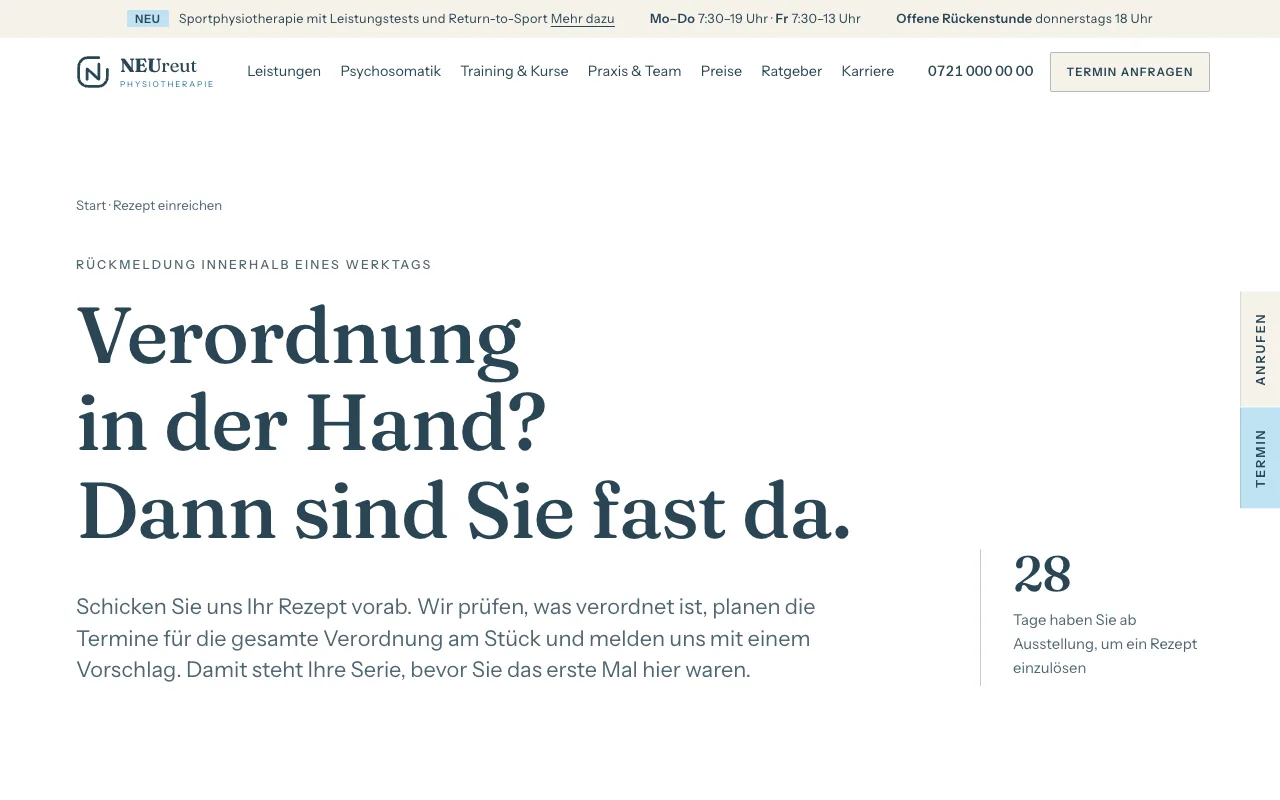 Seite „Rezept einreichen“ mit der Überschrift „Verordnung in der Hand? Dann sind Sie fast da.“ und der Frist von 28 Tagen