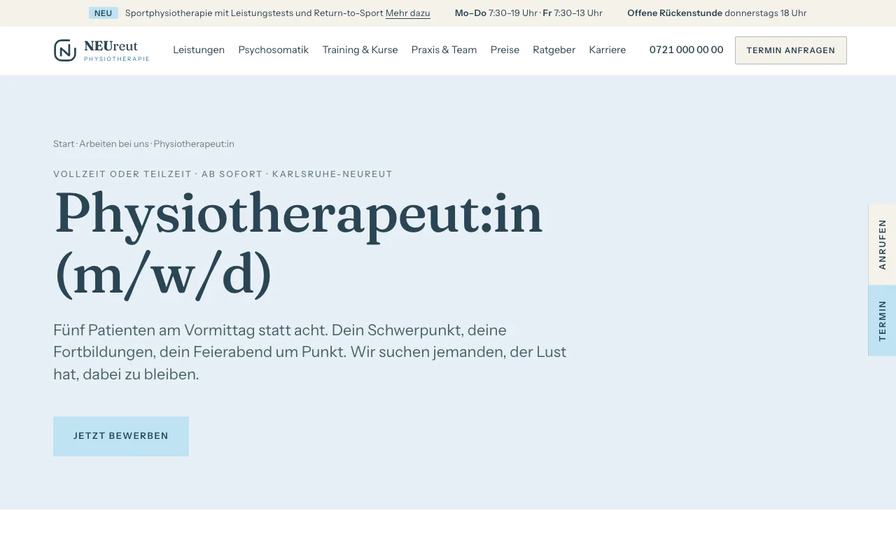Stellenanzeige „Physiotherapeut:in (m/w/d)“ als eigene Seite mit Umfang, Ort und dem Knopf „Jetzt bewerben“