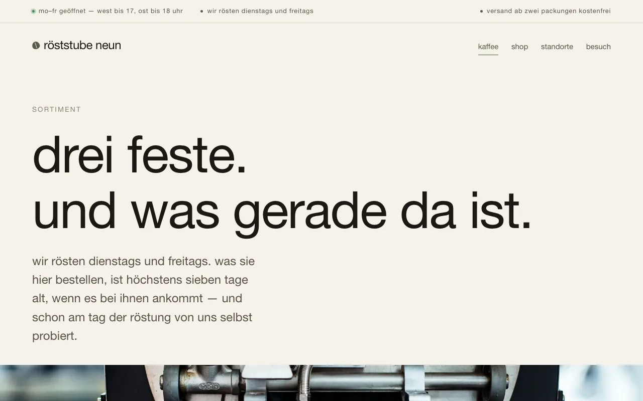 Sortimentsseite „drei feste. und was gerade da ist.“, durchgehend klein geschrieben