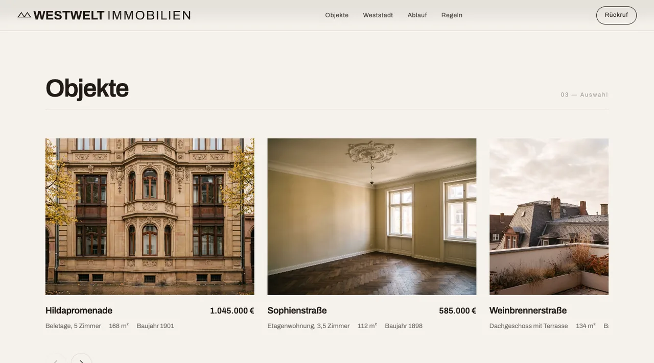 Objektübersicht mit drei Wohnungen, jeweils mit Straße, Preis, Baujahr und Fläche