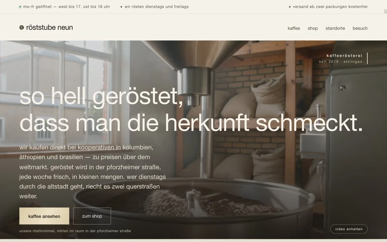 Startseite des Prototyps röststube neun, Café und Rösterei in Ettlingen