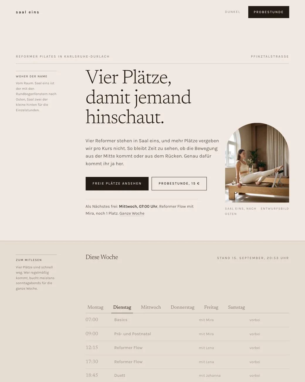 Startseite des Prototyps saal eins, Reformer-Studio in Durlach