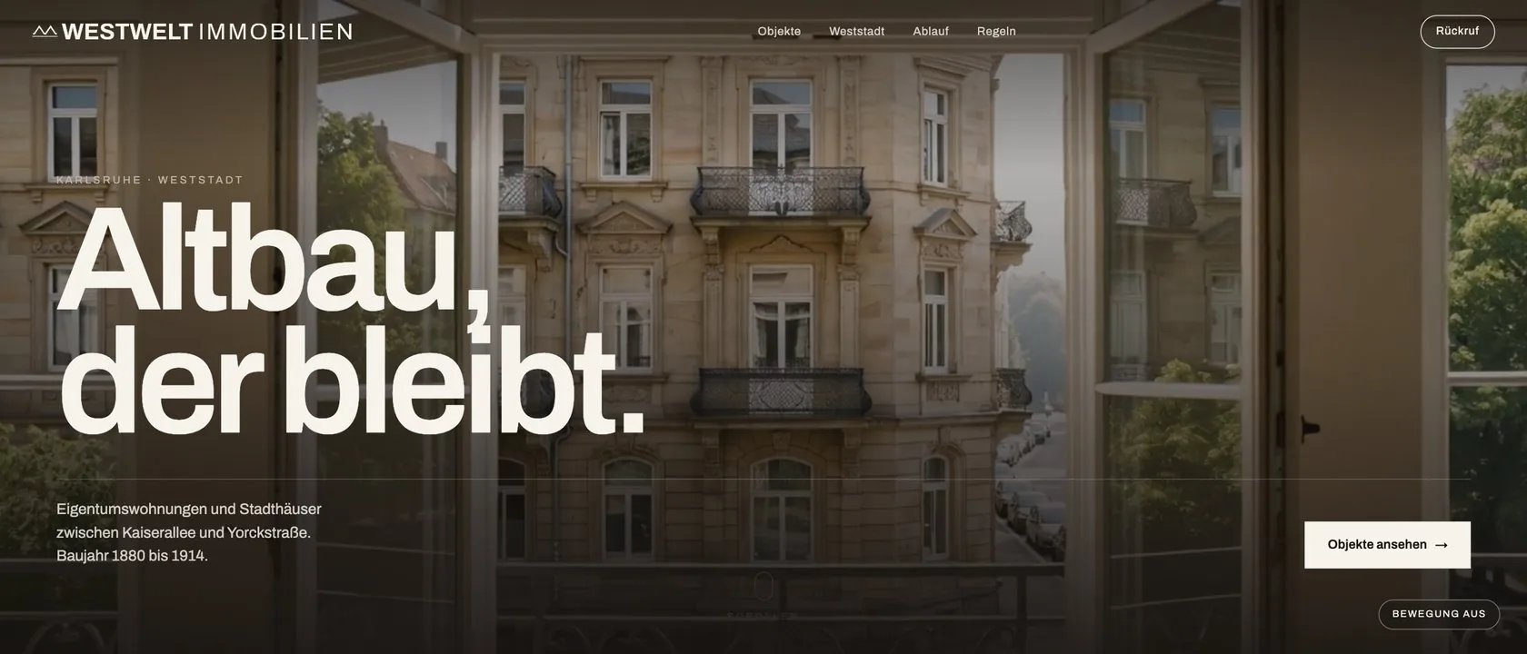 Startseite des Prototyps Westwelt Immobilien, Makler in der Karlsruher Weststadt